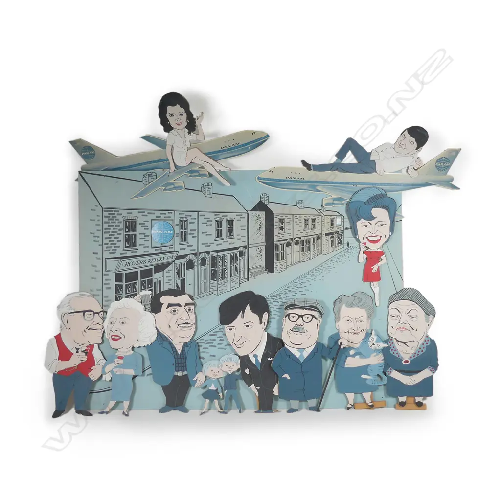 PAN AM AIRLINES / CORNATION STREET CHARACTERS ADVERTISING CUTOUTS & BACK BOARD. 110 X 82cm  Image 1++