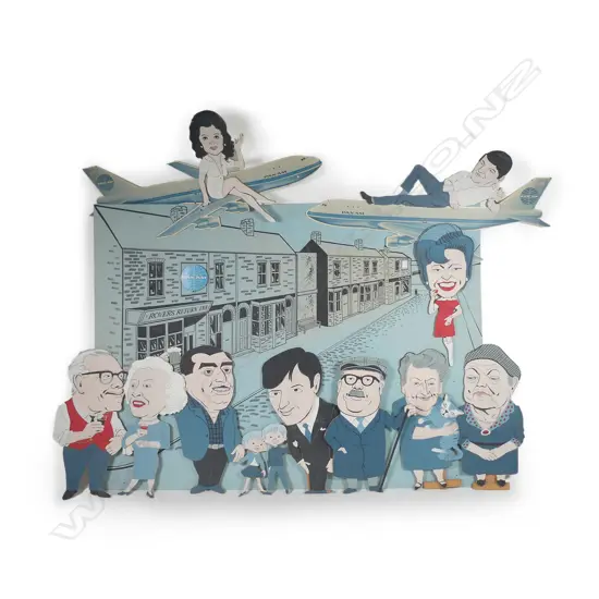 PAN AM AIRLINES / CORNATION STREET CHARACTERS ADVERTISING CUTOUTS & BACK BOARD. 110 X 82cm 