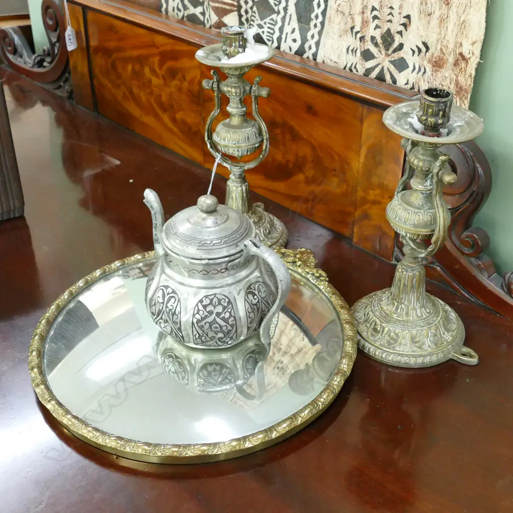 4 BRASS / BRONZE ITEMS; PR CANDLESTICKS, TEAPOT, MIRROR Image 1++