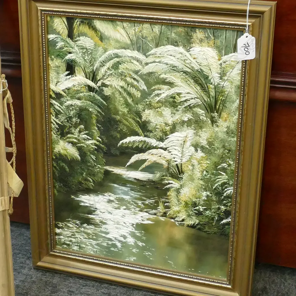 JUDITH MORETON OIL PAINTING NZ BUSH & STREAM SCENE 1988 Image 1++