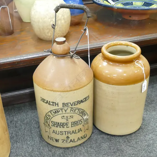 TWO CERAMIC CROCKS 'HEALTH BEVERAGES' AND ONE OTHER 360MM H