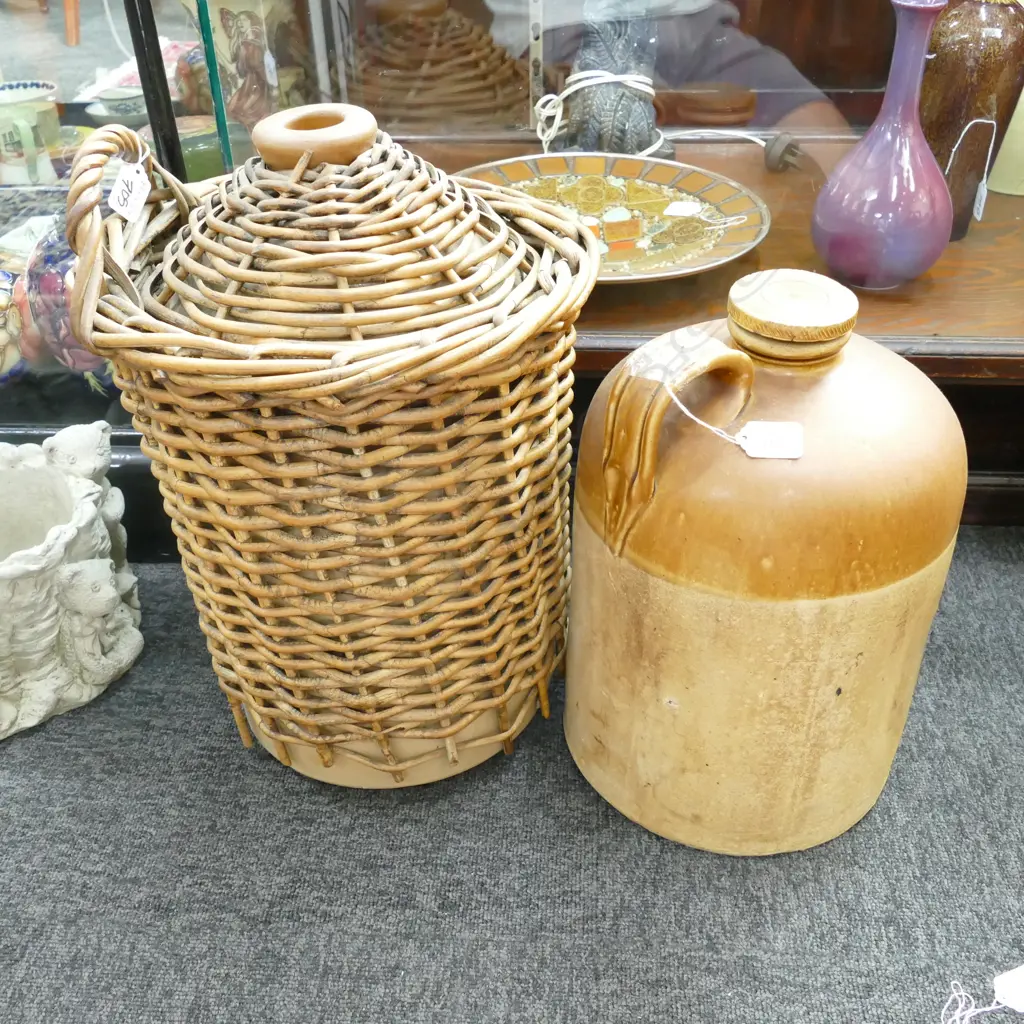 TWO CERAMIC CROCKS ONE IN RATTAN 460MM H OTHER 'DAKIN BROTHERS' Image 1++