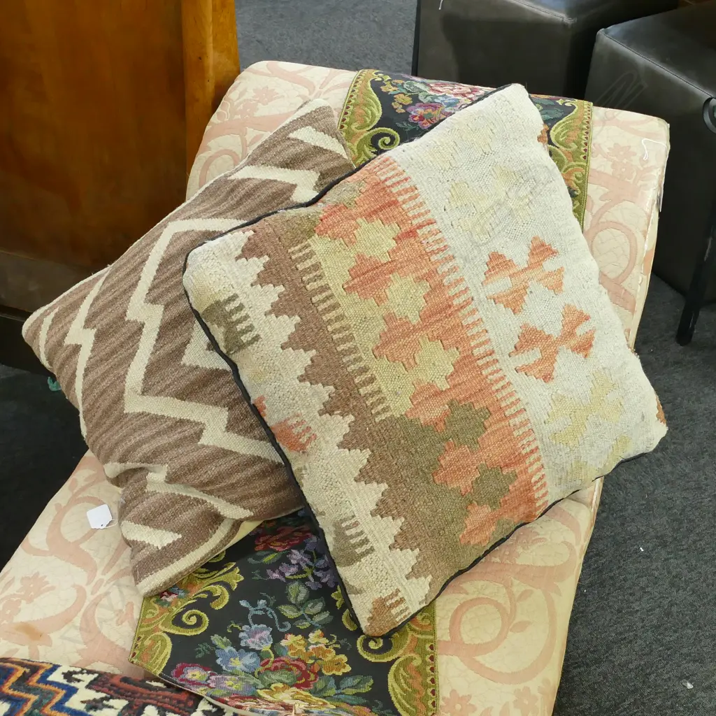 TWO VINTAGE KILIM CUSHIONS (400 X 400MM) + FLORAL TABLE RUNNER (1650MM) Image 1++