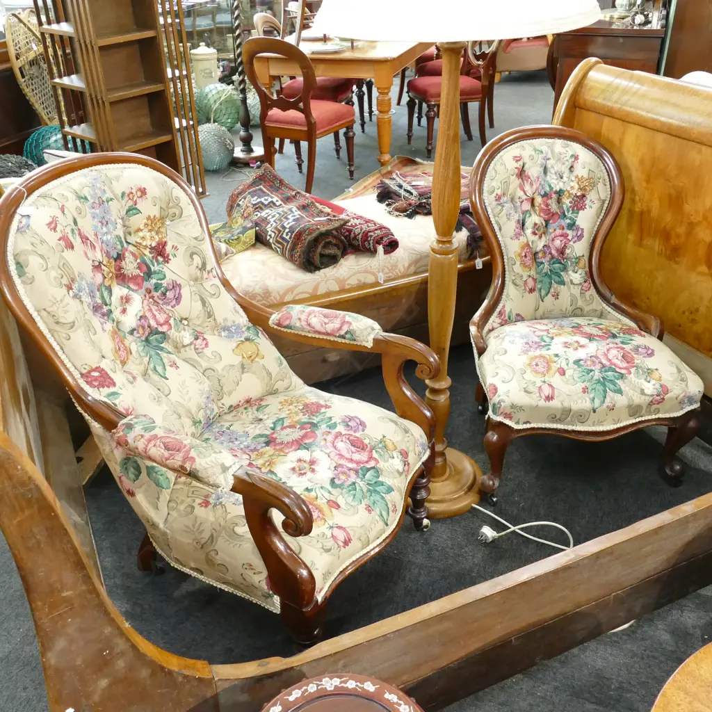 VICTORIAN GRANDFATHER AND GRANDMOTHER CHAIRS FLORAL UPHOLSTERY Image 1++