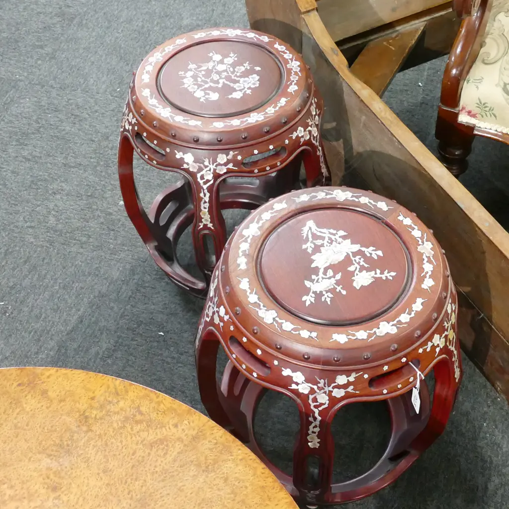 PAIR INLAID MOP ROSEWOOD DRUM STOOLS H.460MM Image 1++