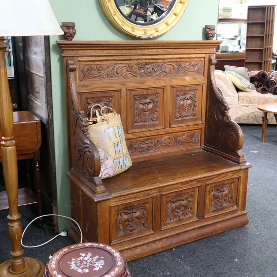 LATE 19TH CENT. CARVED OAK MONKS SEATEE 1190MM L