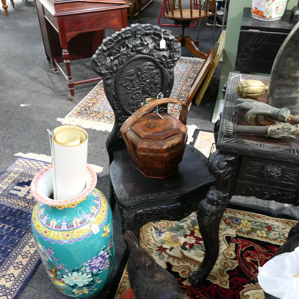 CARVED WOODEN EBONISED ASIAN HALL CHAIR 1M H 460MM W Image 1++