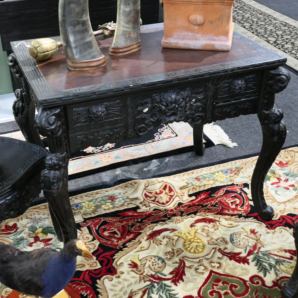 CARVED WOODEND EBONISED ASIAN TABLE 1M W 700M D CABROILE LEG GREEK KEY BORDER Image 1++