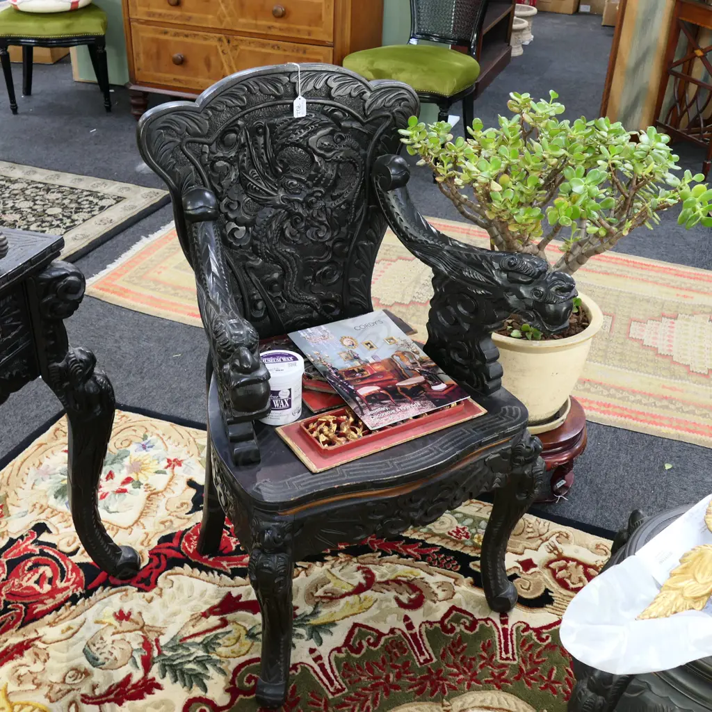 CARVED WOODEN EBONISED ASIAN ARM CHAIR 1M H 620MM W Image 1++
