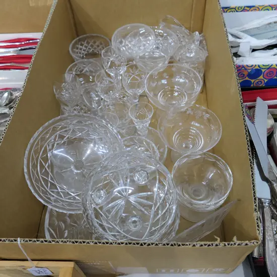 LARGE LOT ASST CRYSTAL GLASSES/DESSERTS/ RING TREE /JUGS ETC