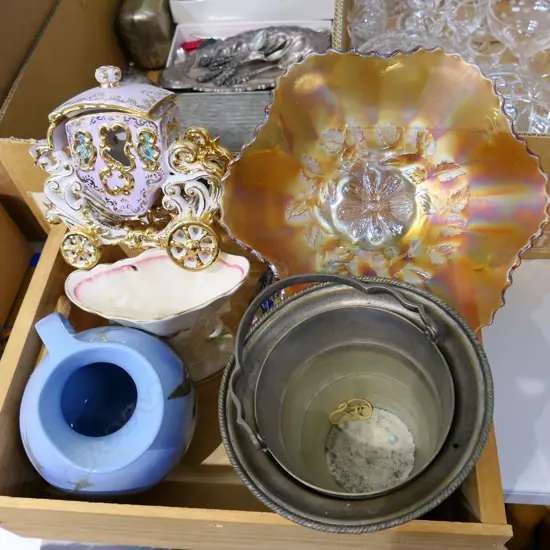 LOT EP WINE COOLER/CARNIVAL GLASS/W/WOOD/FALCON WARE ETC