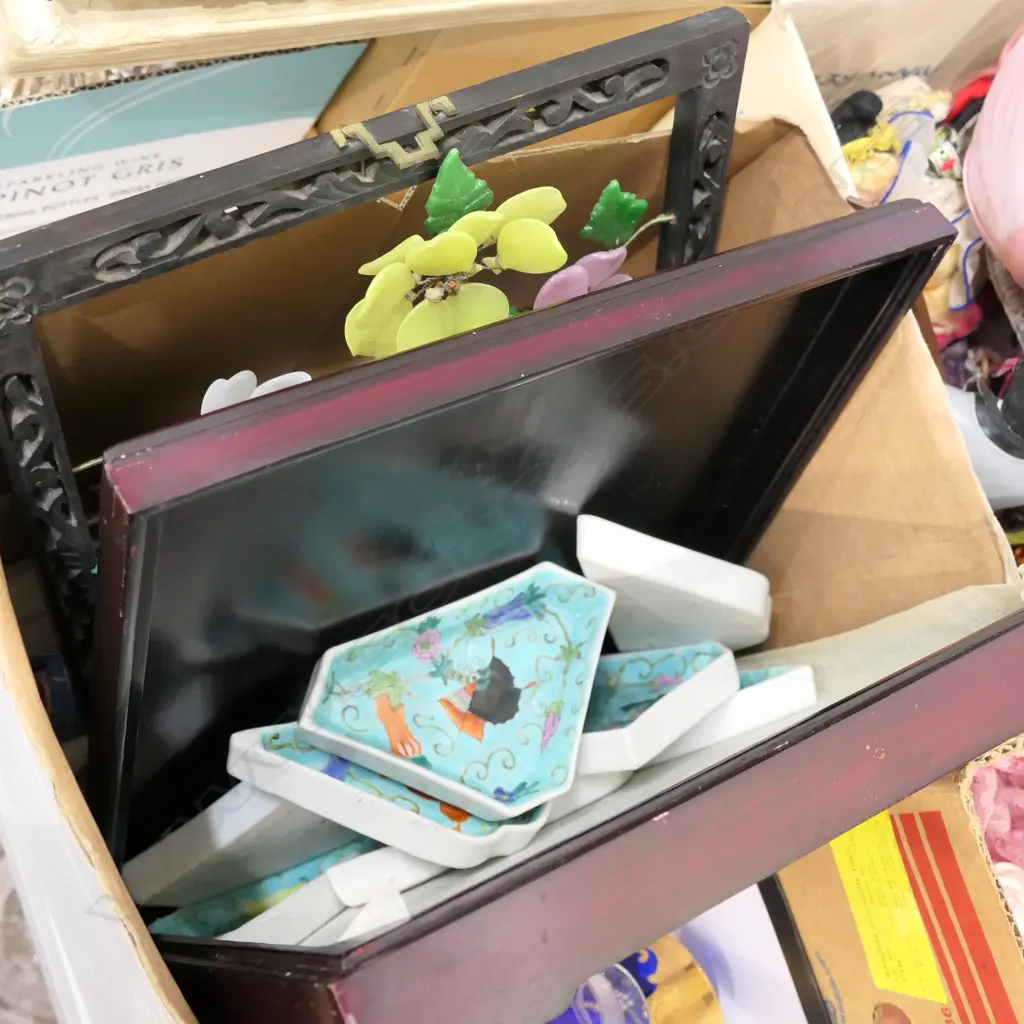 BOX LOT ASST. ITEMS, TABLECLOTH, DOLL, ART ETC Image 1++