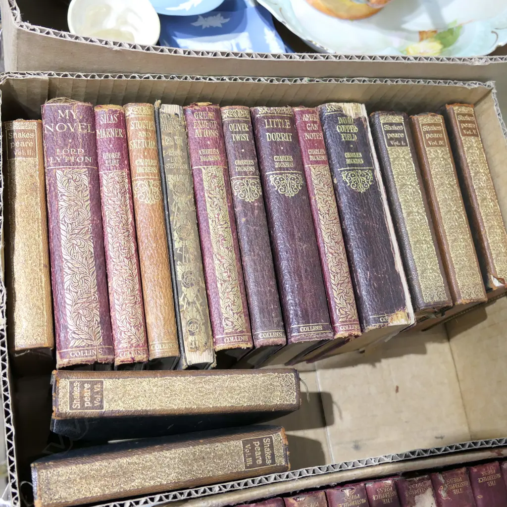 BOX LOT OLD BOOKS, ASST. ENGLISH LITERATURE; SHAKESPEARE, DICKENS ETC  Image 1++