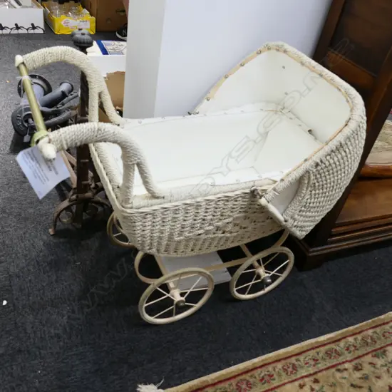 VINTAGE WICKER PRAM WITH WICKER HANDLES