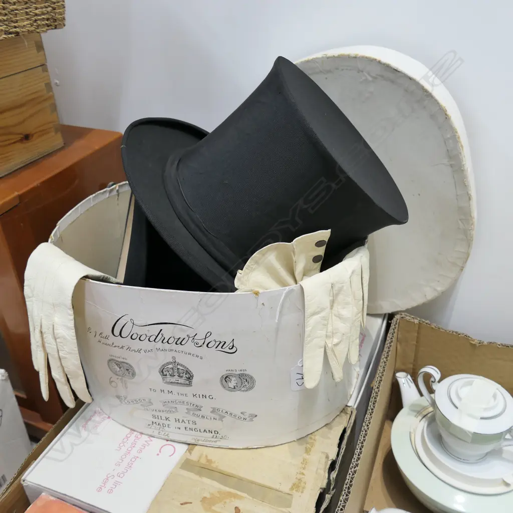 TWO VICTORIAN SILK TOP HATS ONE 'POP UP' 2 PRS WHITE LEATHER GLOVES AND HAT BOX Image 1++