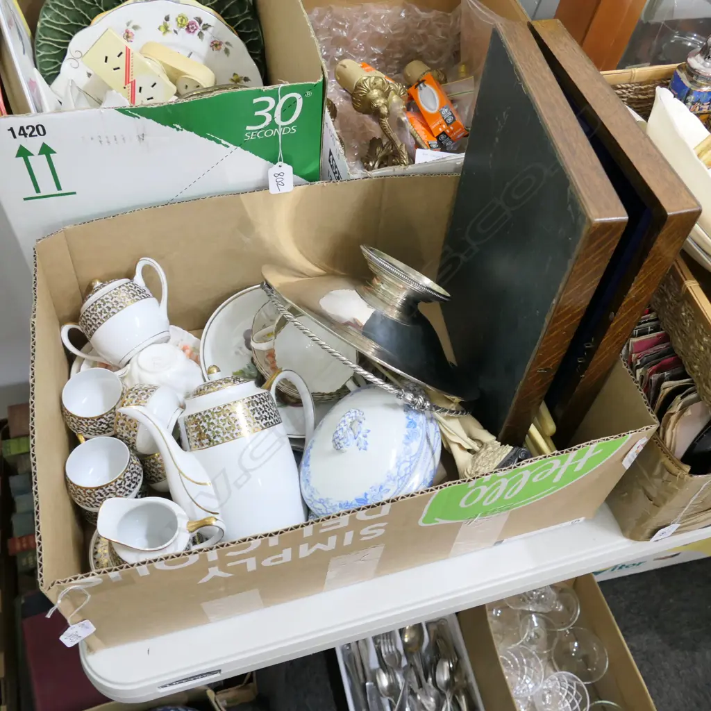 BOX LOT ASST. CHINA, SET FISH KNIVES, RESIN FIGURE ETC Image 1++