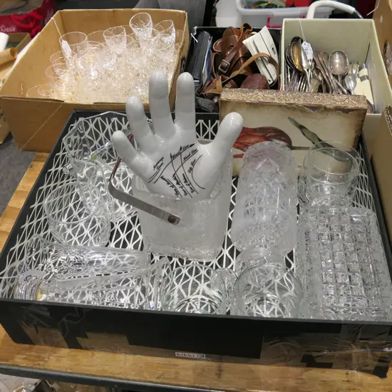 BOX LOT ASST. CRYSTAL DRINKING GLASSES, ICE BUCKETS, HAND ETC