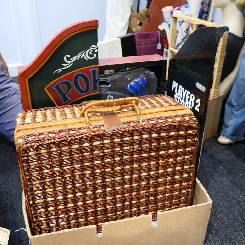 BOX LOT DART BOARD, PICNIC BASKET, CASED POKER SET Image 1++