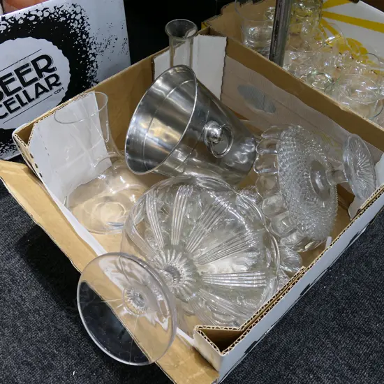 BOX LOT ASST PRESSED GLASS, CARAFES ETC