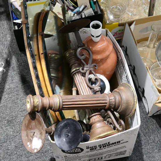 BOX LOT 3 VINTAGE MIRRORS, LAMP ETC