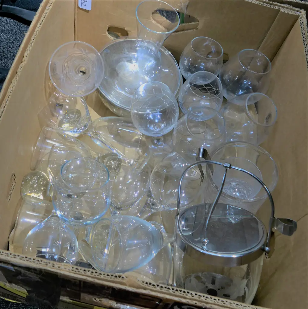 BOX LOT ASST. WINE GLASSES, CARAFES ETC Image 1++