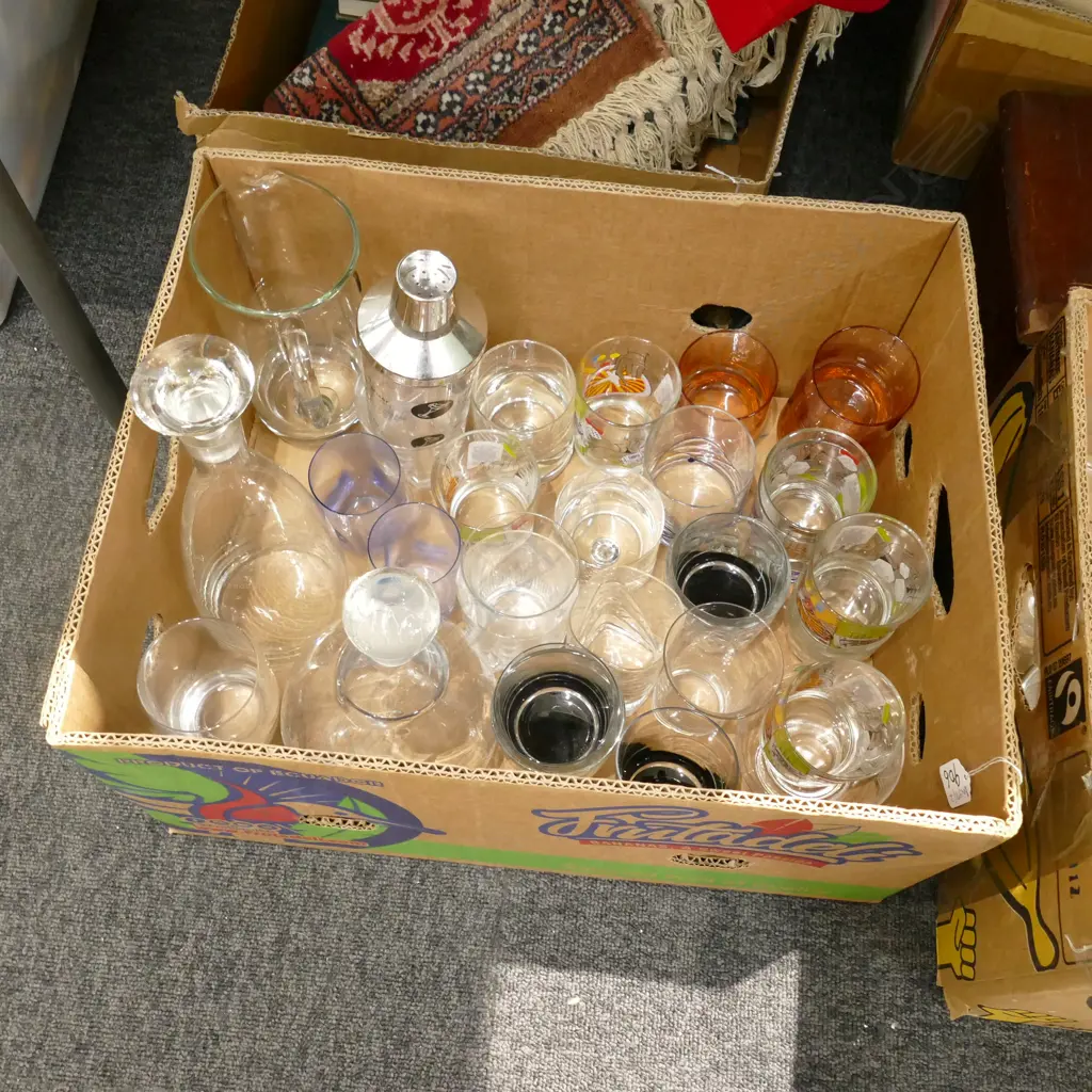 BOX LOT ASST. DRINKING GLASSES, DECANTERS ETC Image 1++