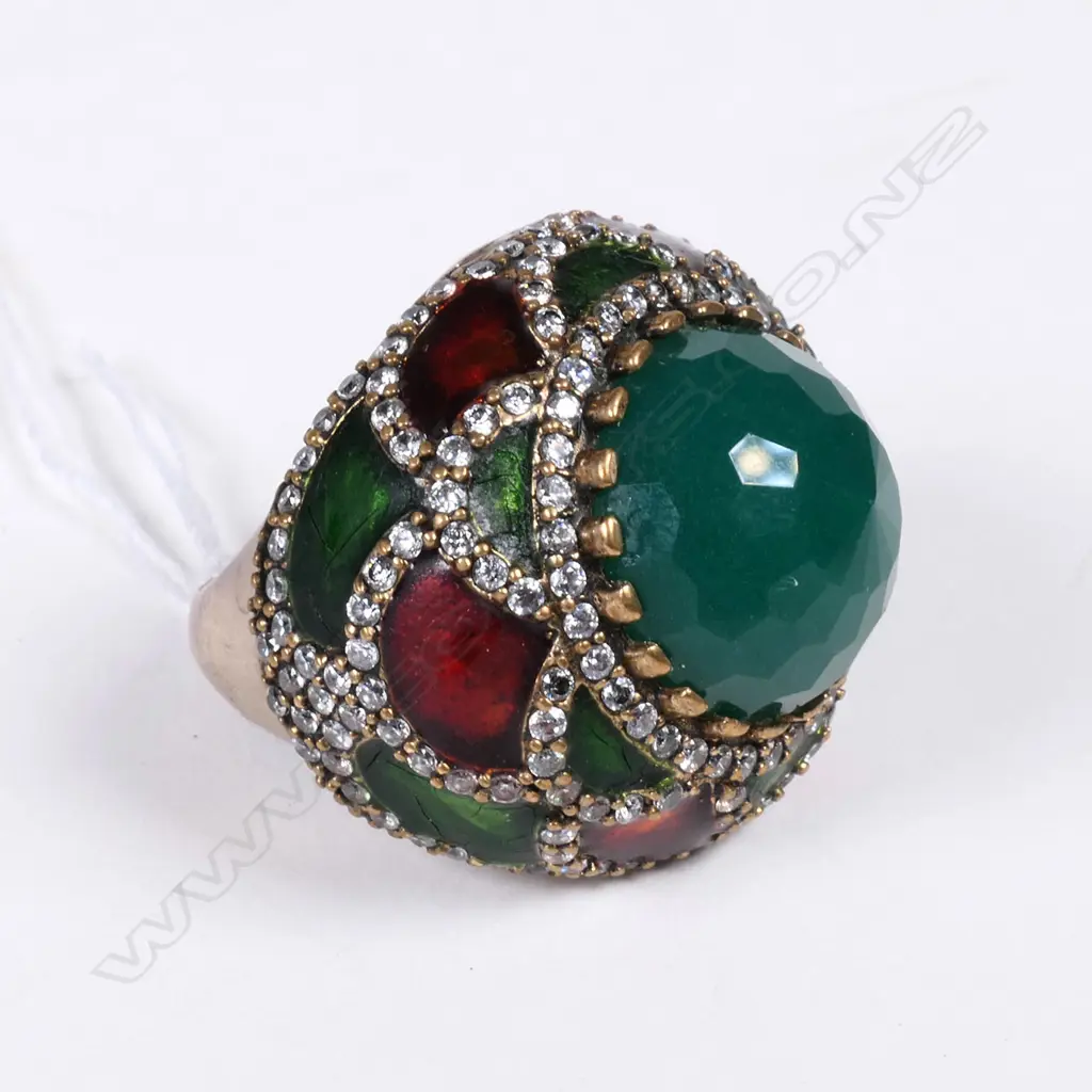 FRENCH SILVER ENAMEL & PASTE SET LGE RING Image 1++