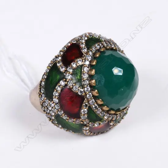 FRENCH SILVER ENAMEL & PASTE SET LGE RING