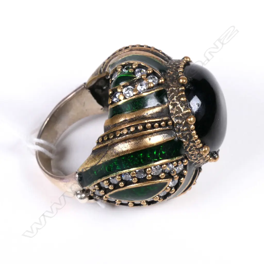 FRENCH SILVER ENAMEL & PASTE SET LGE RING Image 1++