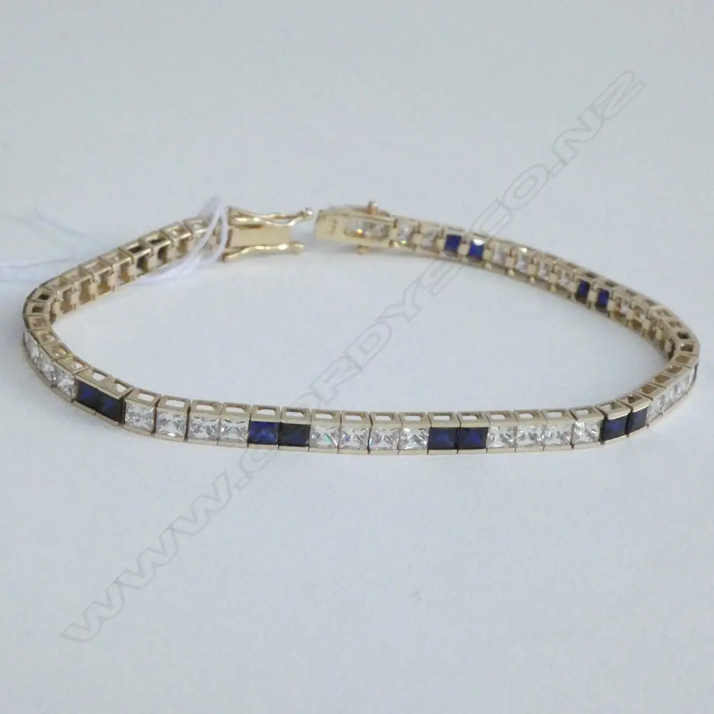 14K YELLOW GOLD FILLED & CZ + FAUX SAPPHIRE TENNIS BRACELET 10.2gms Image 1++