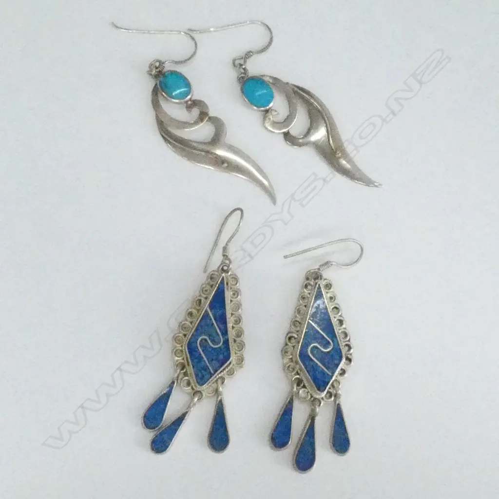 2PRS SILVER TURQ/ & LAPIS EARRINGS Image 1++