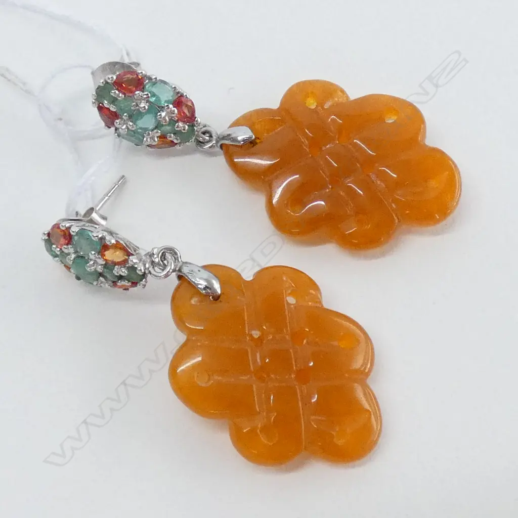PR ORANGE JADE & SILVER EARRINGS EMERALD & SAPPHIRE SET Image 1++