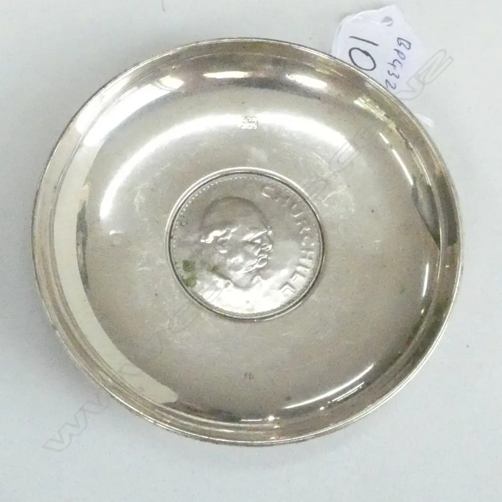 STG SILVER DISH WITH CHURCHILL COIN, D. 100 MM Image 1++