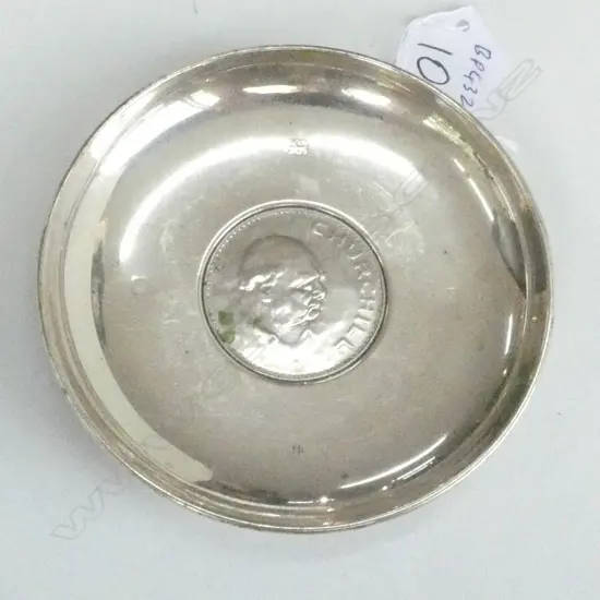 STG SILVER DISH WITH CHURCHILL COIN, D. 100 MM