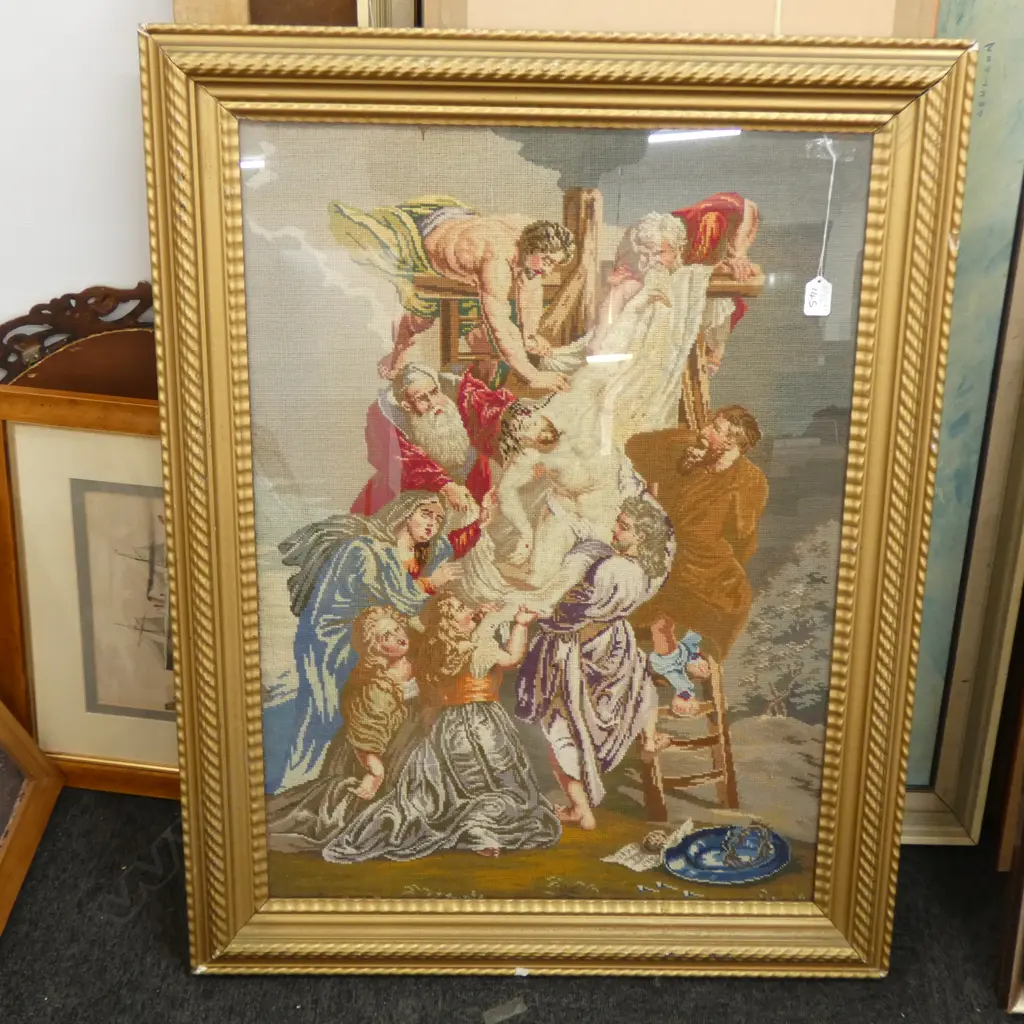 AN ANTIQUE EMBROIDERY JESUS DESCENDING THE CROSS Image 1++