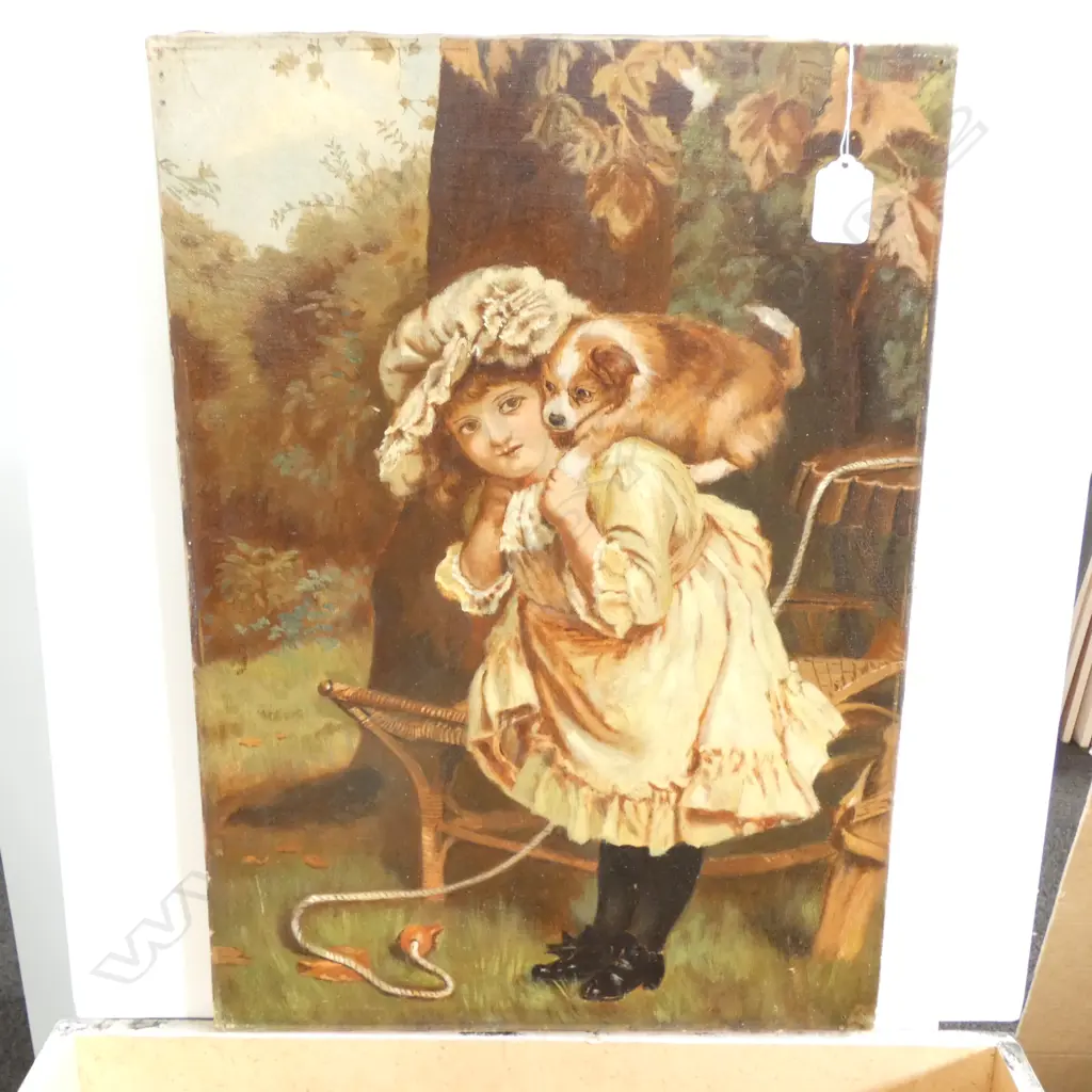 MANNER OF ARTHUR ELSEY, OIL ON CANVAS, VICTORIAN YOUNG GIRL& PUPPY Image 1++