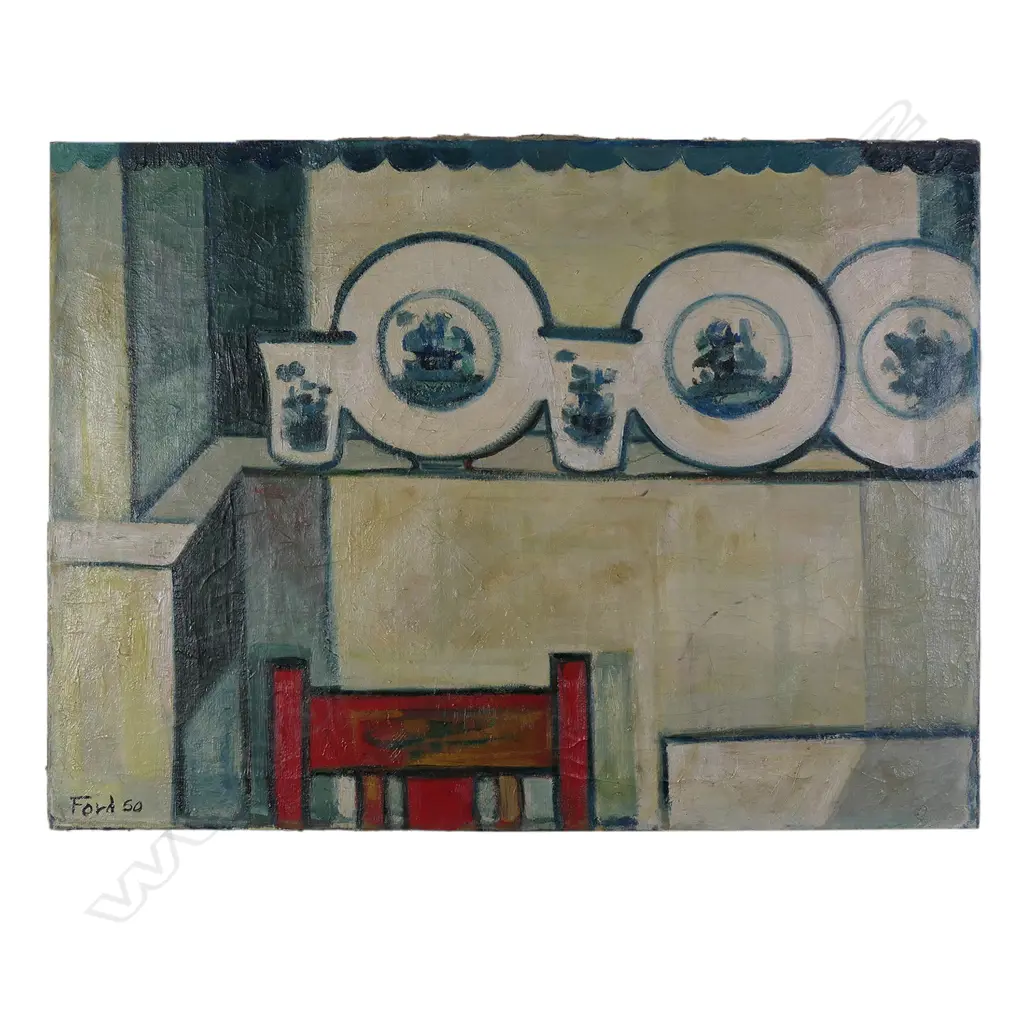 FORD, OIL ON CANVAS, POTTERY & RED CHAIR, OIL ON CANVAS, SIGNED DATED '50. OHIO VALLEY EXHIB LABEL PORTION VERSO 56x76cm Image 1++