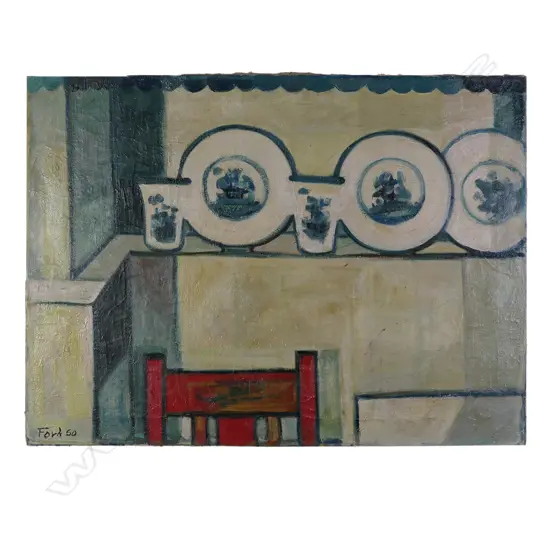 FORD, OIL ON CANVAS, POTTERY & RED CHAIR, OIL ON CANVAS, SIGNED DATED '50. OHIO VALLEY EXHIB LABEL PORTION VERSO 56x76cm