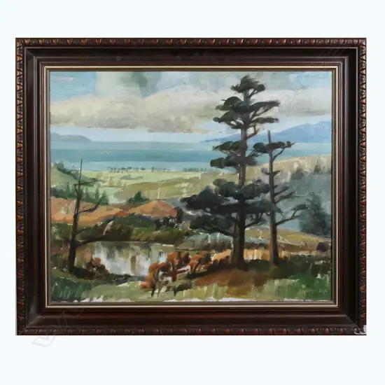 JOCELYN DYE OIL ON BOARD, 'LONG BAY, AUCKLAND', SIGNED, 440 x 540mm