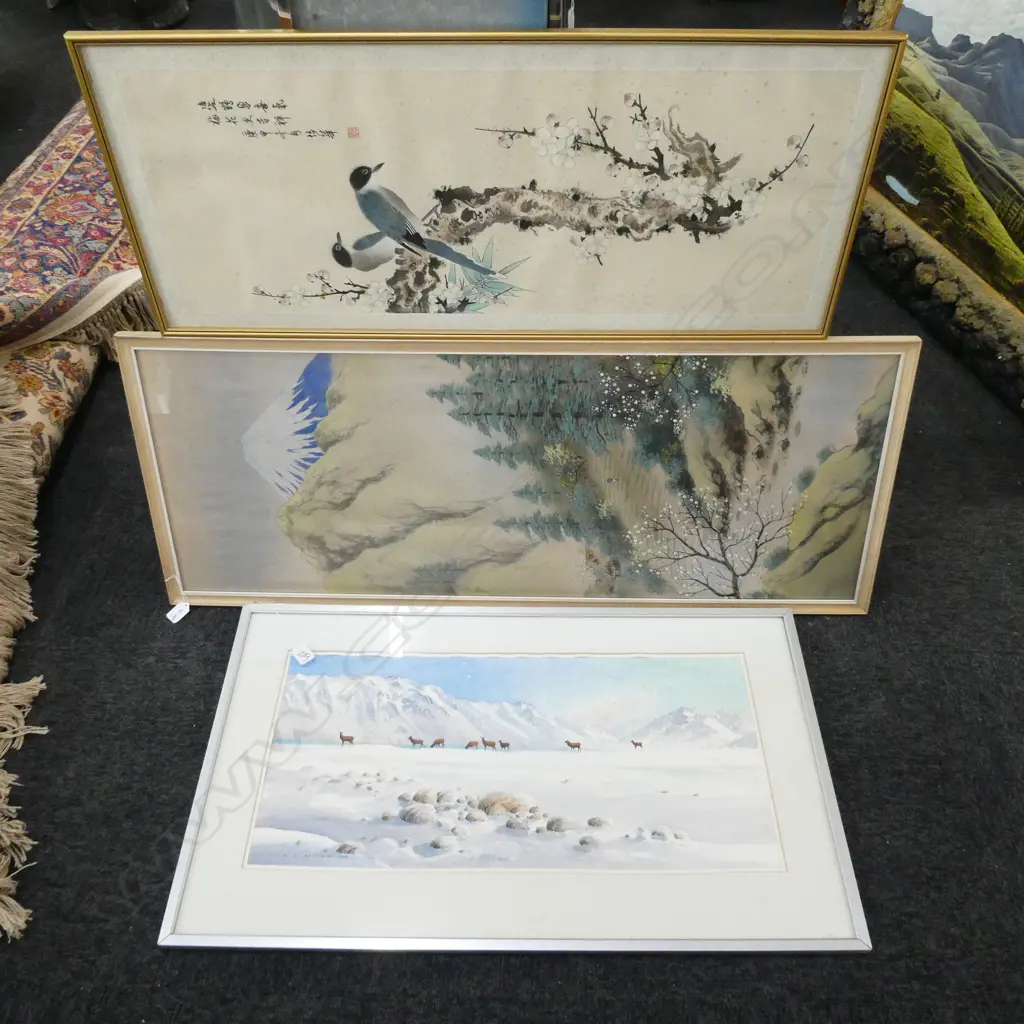 3 ARTWORKS; K. J. ANDREWS 'DEER & SNOW LAKE TEKAPO' W/C, ORIENTAL FABRIC PRINT 1090 X 435MM + 1 OTHER Image 1++