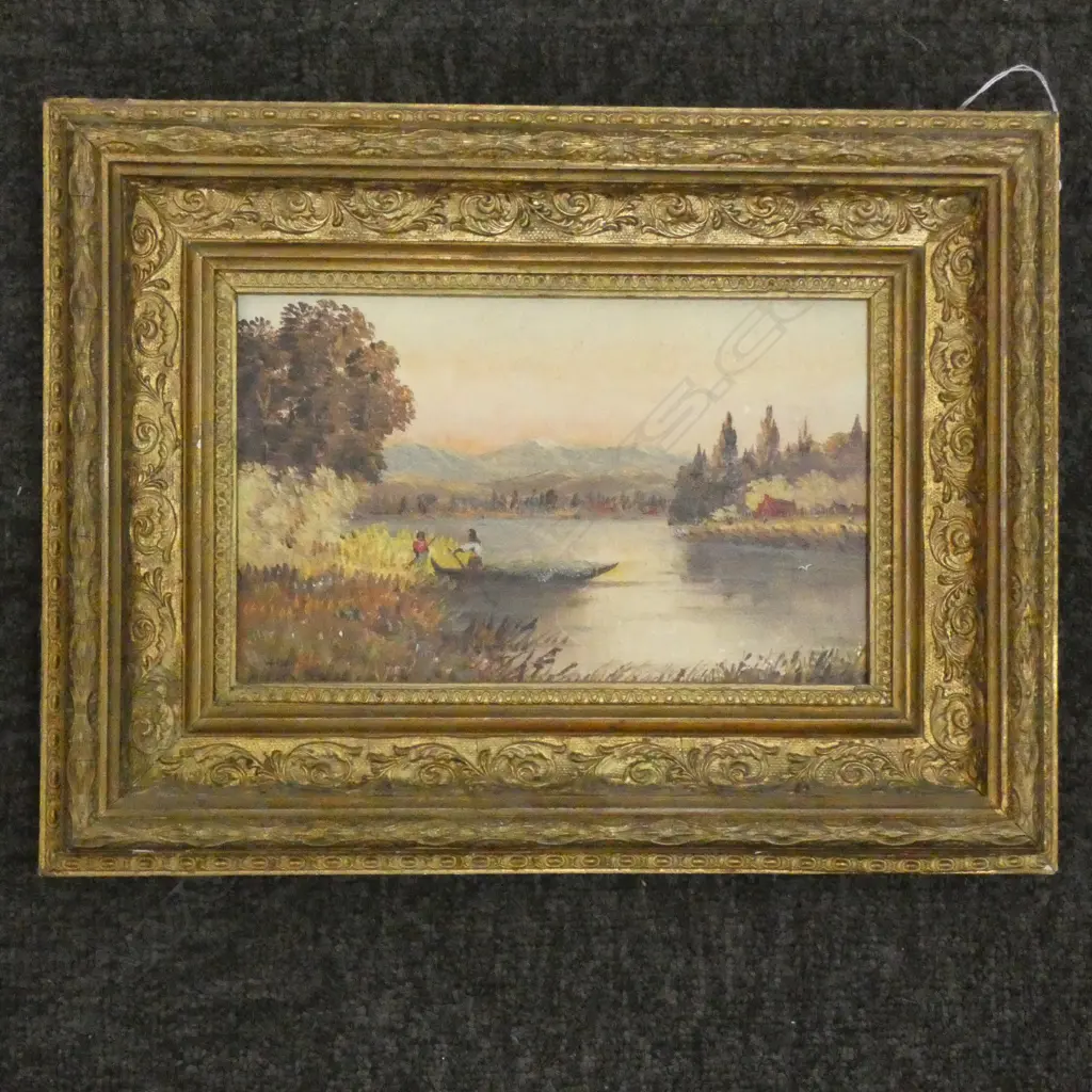 OIL ON BOARD EARLY N.Z LAKE SCENE WITH MAORI VILLAGE 140 X 230 MM  Image 1++