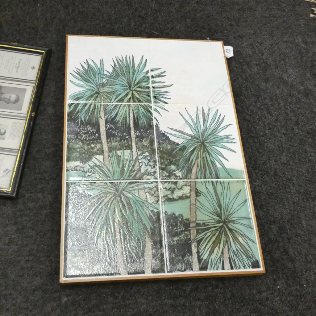 ROD & PATSY BOWEY (WAIPU TILE STUDIO) CERAMIC TILE PAINTED w CABBAGE TREES Image 1++