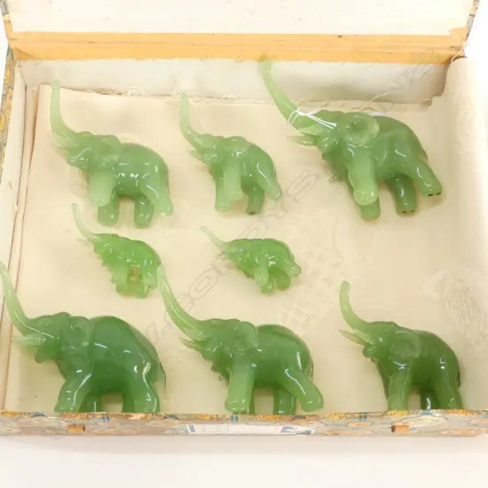 8 GREEN GLASS ELEPHANTS 
