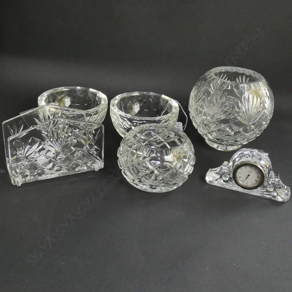 6 PCES CRYSTAL; 4 SMALL BOWLS, CLOCK, LETTER HOLDER Image 1++