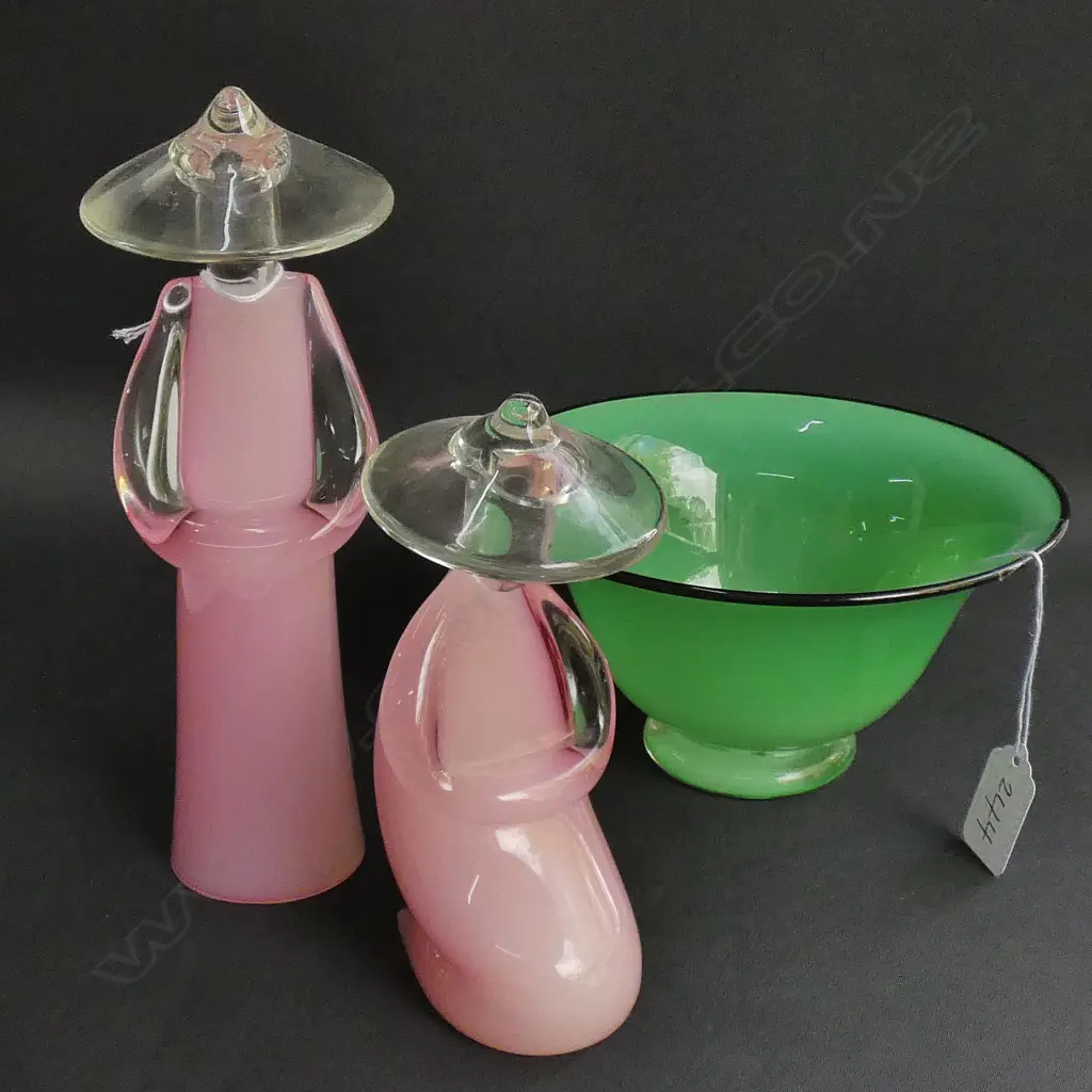 HOGLUND ART GLASS BOWL & 2 PINK ABSTRACT FIGURES H. 210MM Image 1++
