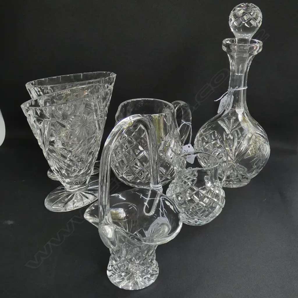 6 PCES CRYSTAL; 2 MANTLE VASES, DECANTER, 2 JUGS, BASKET Image 1++