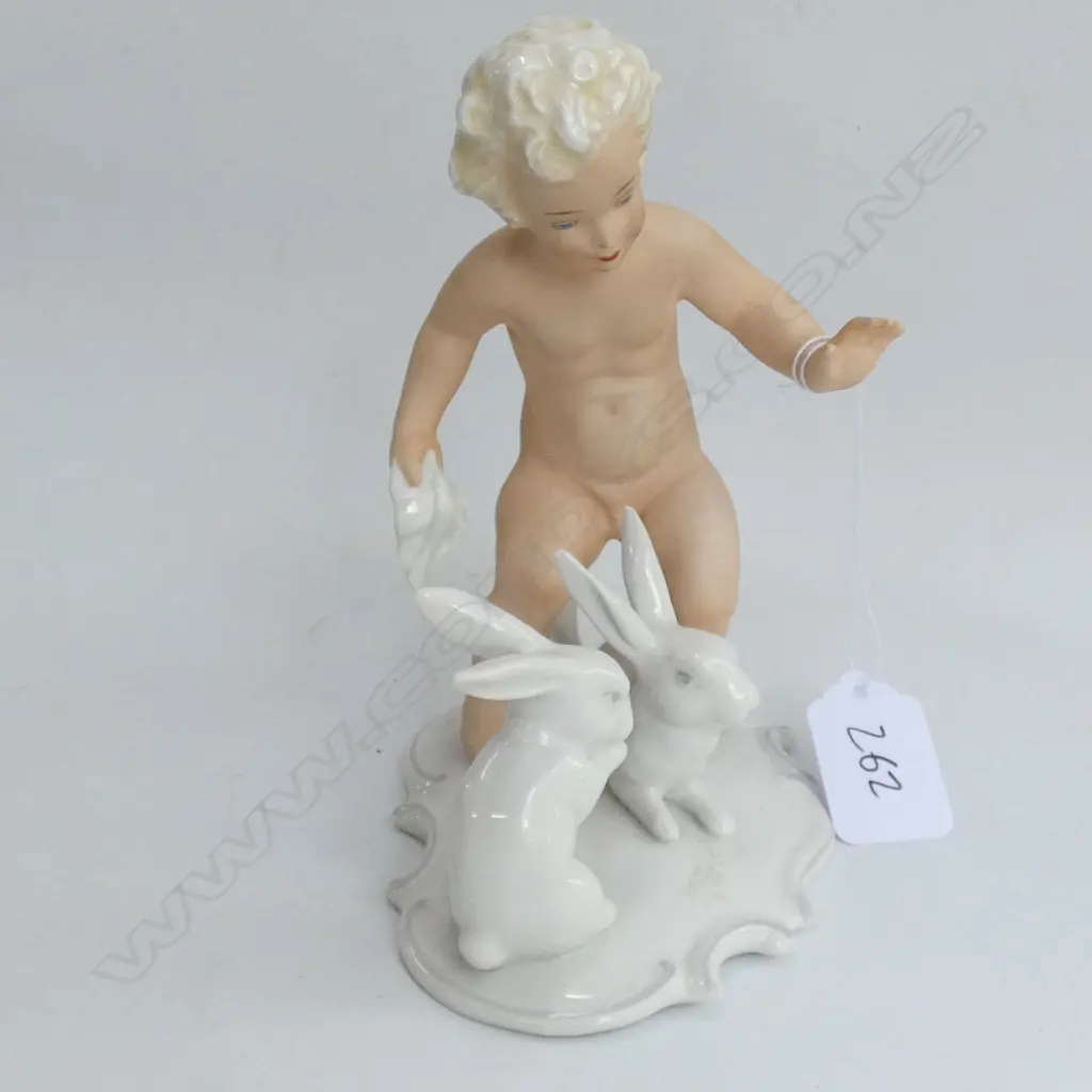 1950'S GERMAN PORCELAIN CHERUB W RABBITS SHAU BACH KURST Image 1++