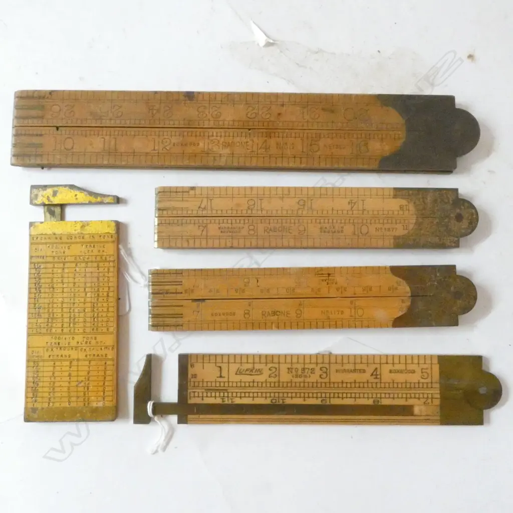 2 RABONE 24" 4-FOLD, RABONE 36" 4-FOLD RULES, LUFKIN 12" FOLDING CALIPER RULE & RABONE (SHAWS) HAWSER & ROPE 3" CALIPER  Image 1++