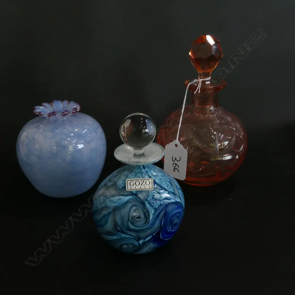 3 ART GLASS BOTTLES; GOZO, ISLAND STUDIO GUERNSEY ETC Image 1++
