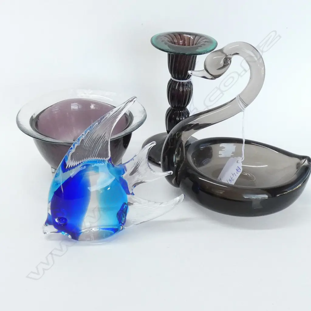 4 ASST. ART GLASS PIECES; BLUE FISH, CANDLESTICK, SWAN, FOOTED BOWL Image 1++